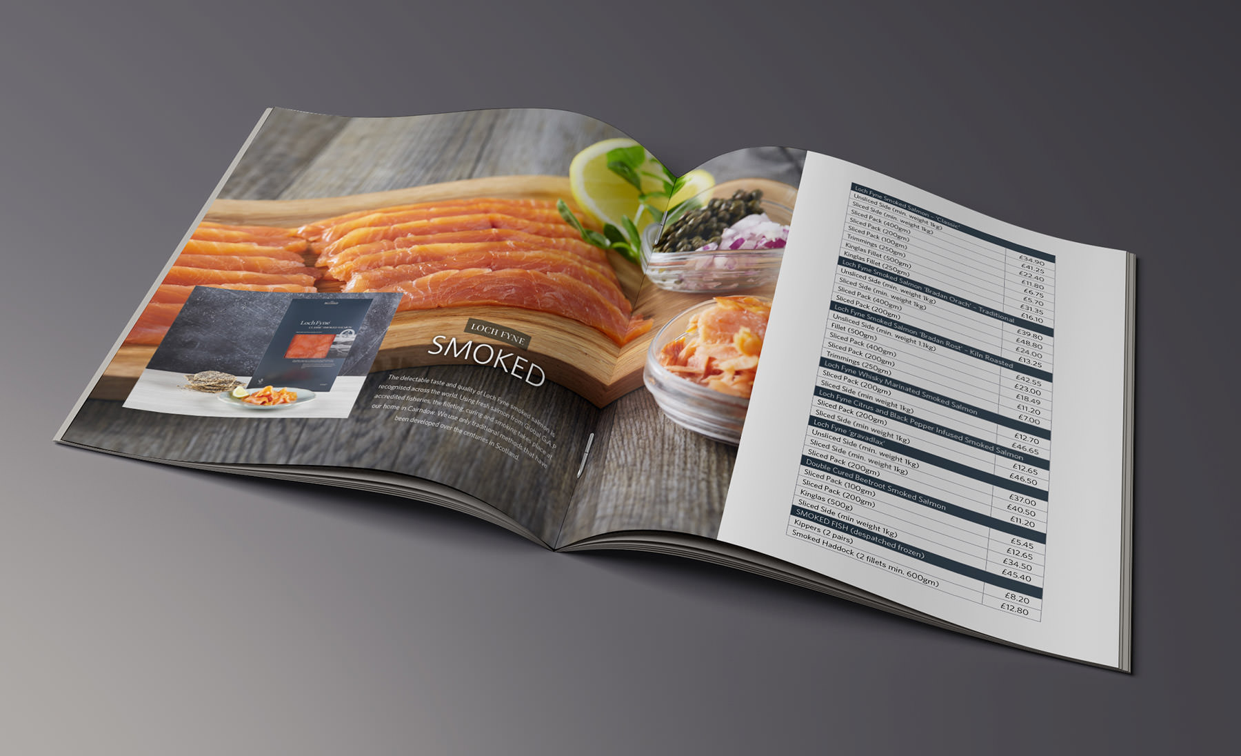 Loch Fyne Oysters brochure inside spread with salmon