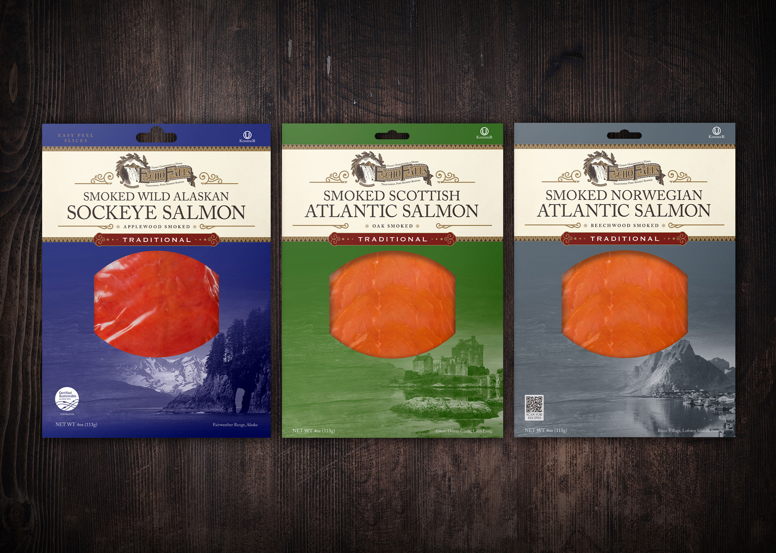 3 salmon packets positioned on wooden desk background